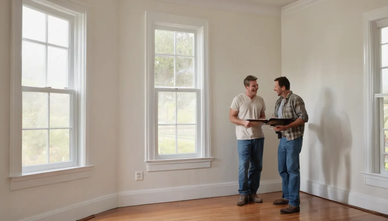 Friendly installer and homeowner checking a new window in a colonial-style home in Manassas